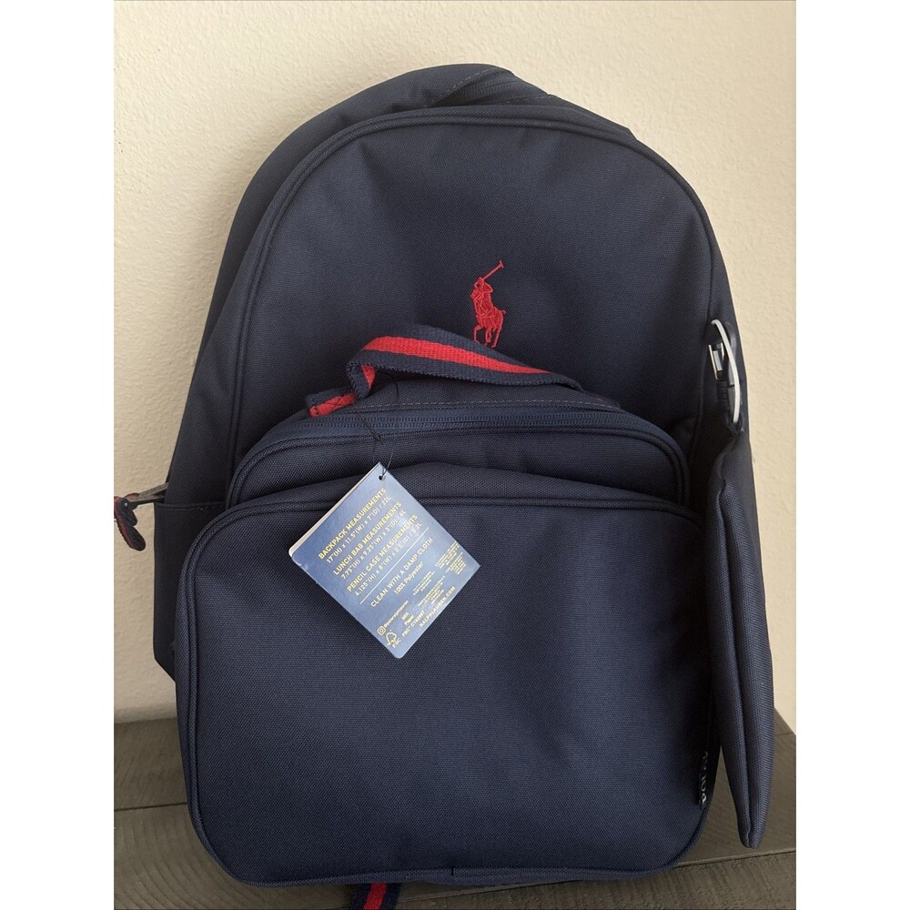 Ralph Lauren Polo Youth Backpack Combo Set Lunchbox Pencil Case Navy Red School